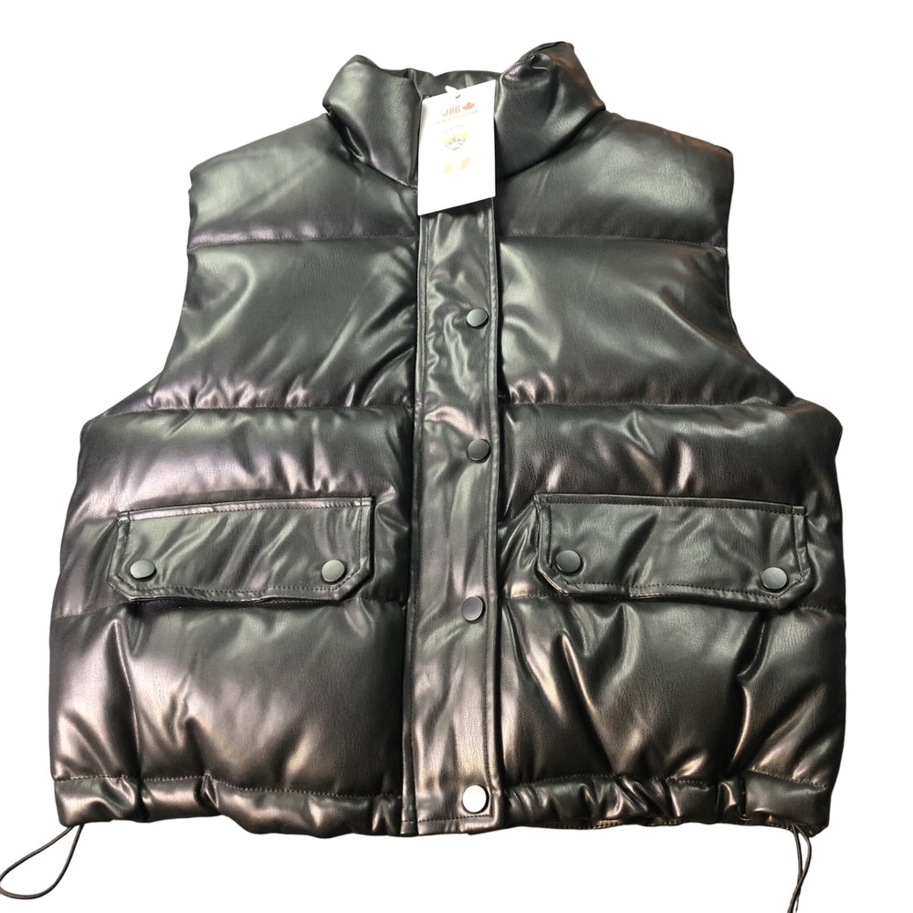 Black Puffer Vest Womens Medium Faux Leather Quilted Sleeveless Jacket